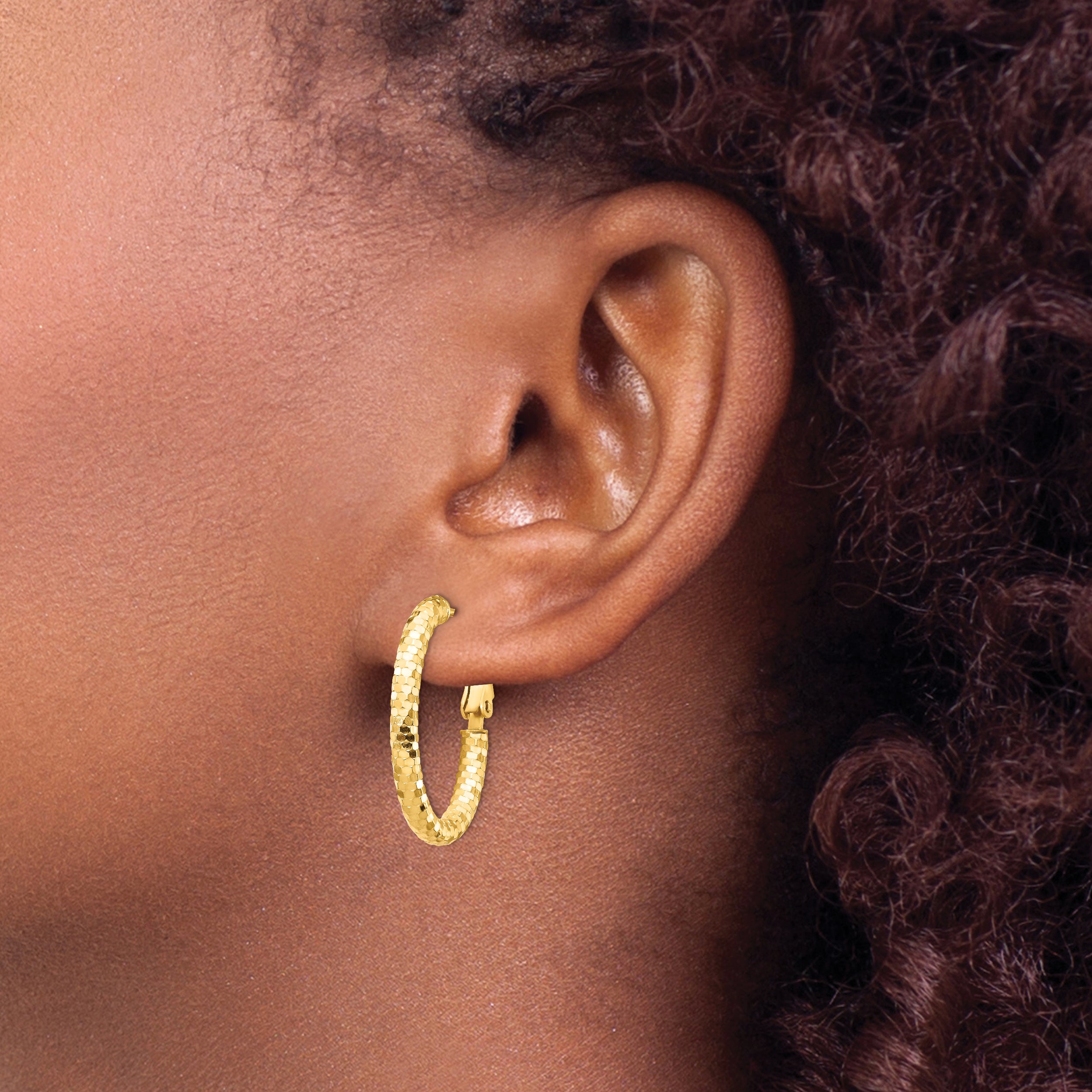 14K Yellow Gold 3mm Small Diamond-Cut Oval Omega Back Hoop Earrings