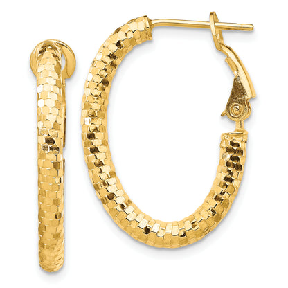 14K Yellow Gold 3mm Small Diamond-Cut Oval Omega Back Hoop Earrings