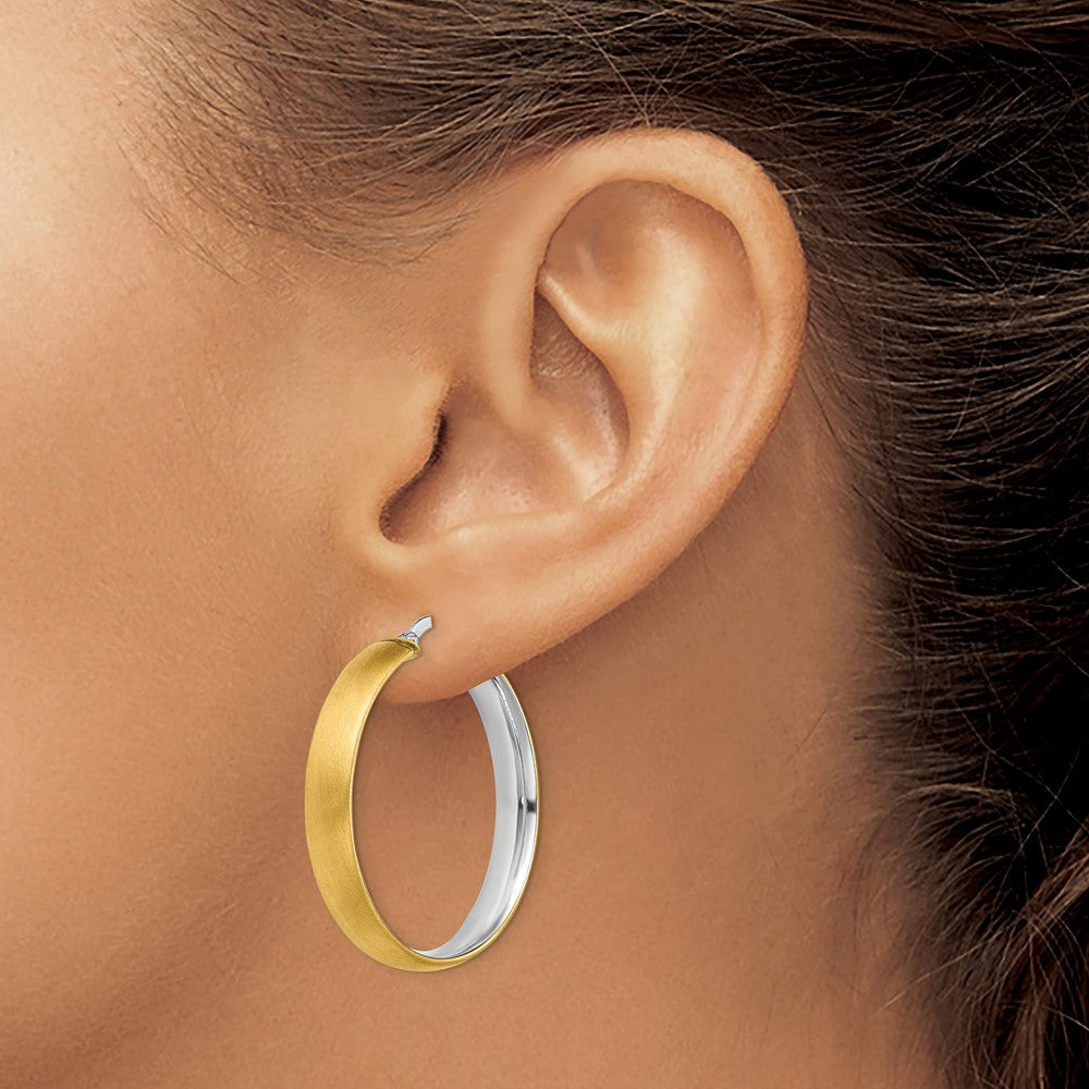 14K Yellow & Rhodium With White Large 5mm Polished Satin Hoop Earrings