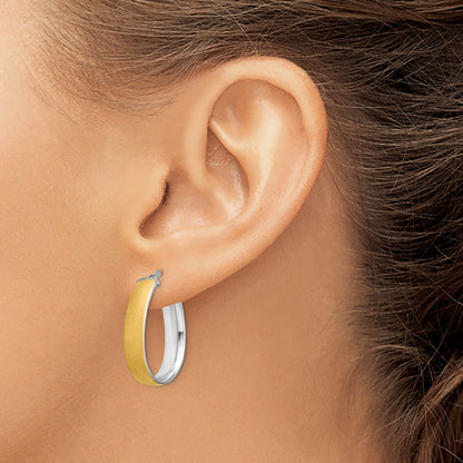 14K Yellow & Rhodium And White 4.85X18.5mm Satin Polished Teardrop Hoop Earrings
