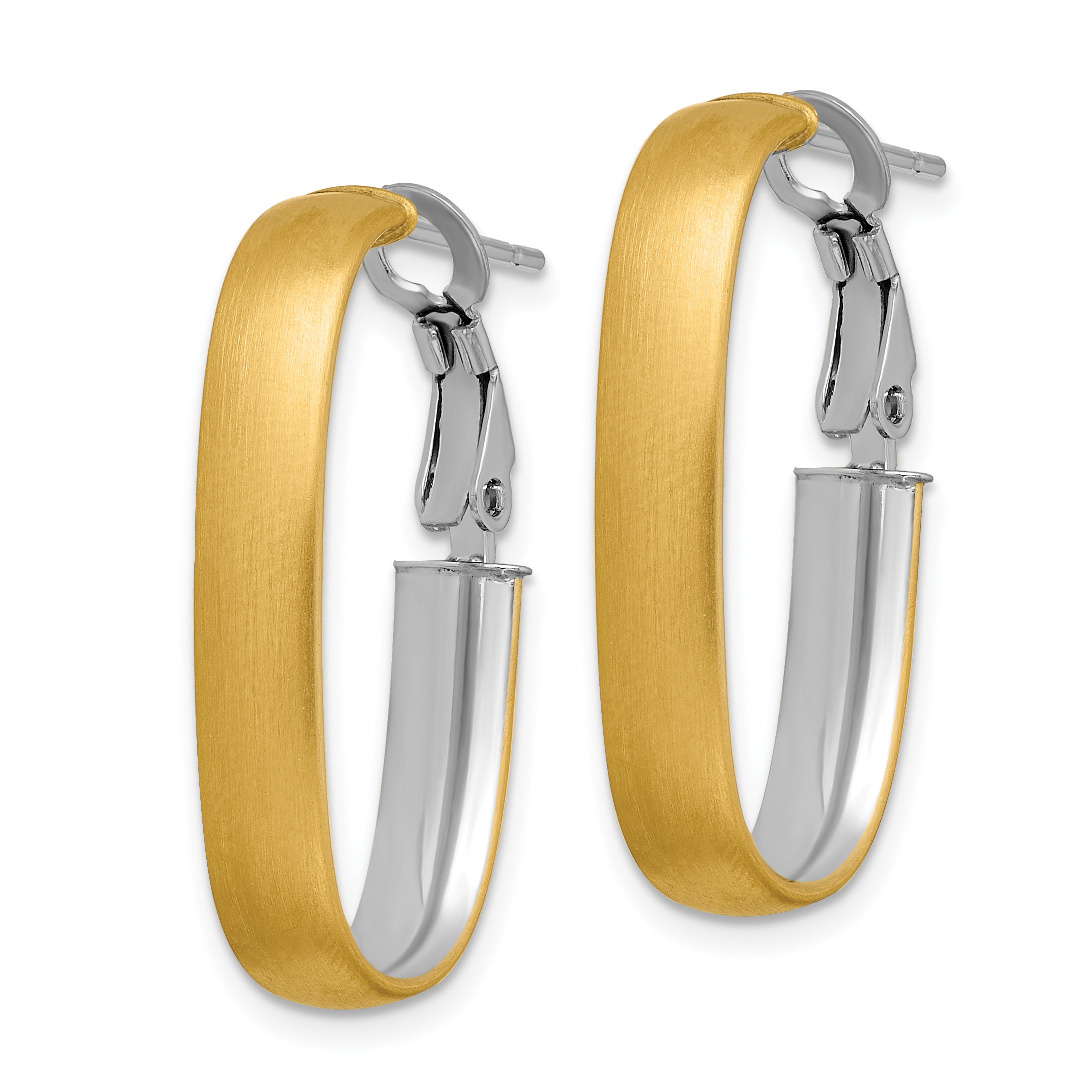 14K Yellow & Rhodium With White Polished And Satin Oval Omega Back Hoop Earrings