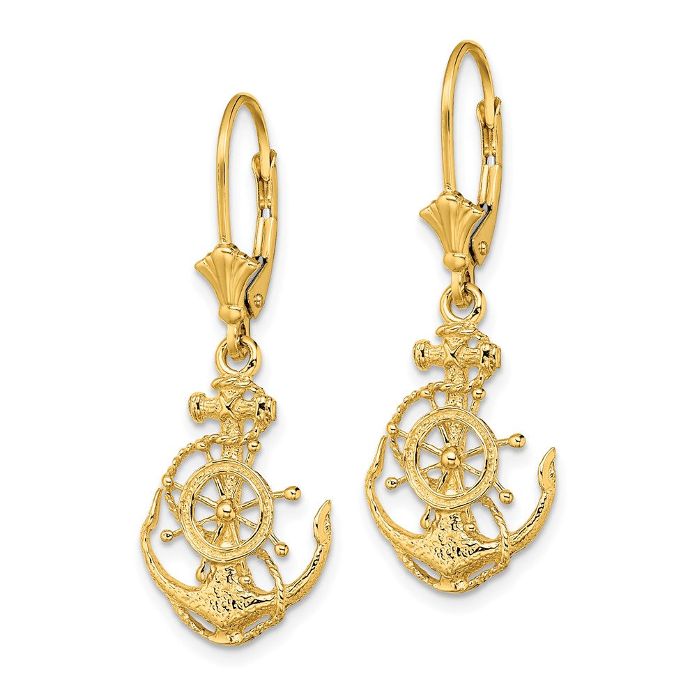 14K Yellow Gold 2-D Anchor And Wheel Leverback Earrings
