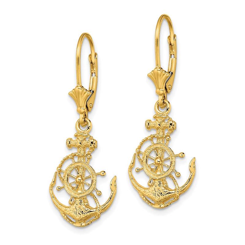 14K Yellow Gold 2-D Anchor And Wheel Leverback Earrings