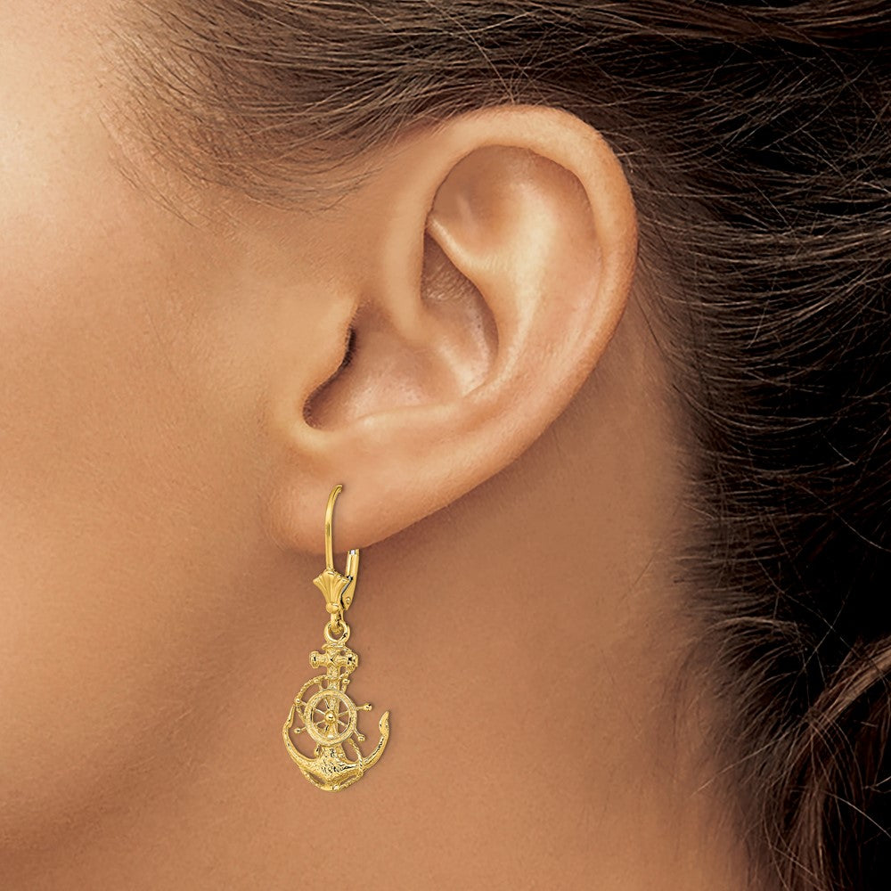 14K Yellow Gold 2-D Anchor And Wheel Leverback Earrings