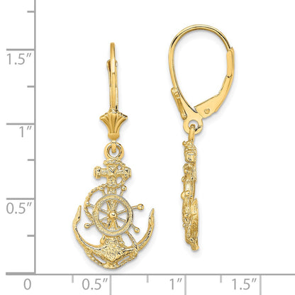 14K Yellow Gold 2-D Anchor And Wheel Leverback Earrings