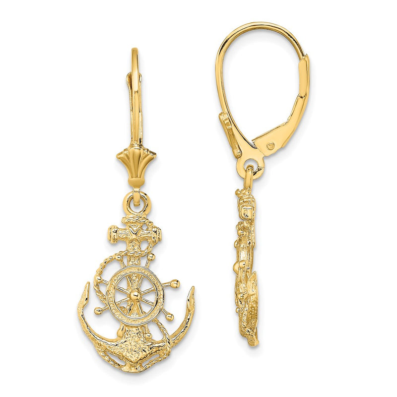 14K Yellow Gold 2-D Anchor And Wheel Leverback Earrings