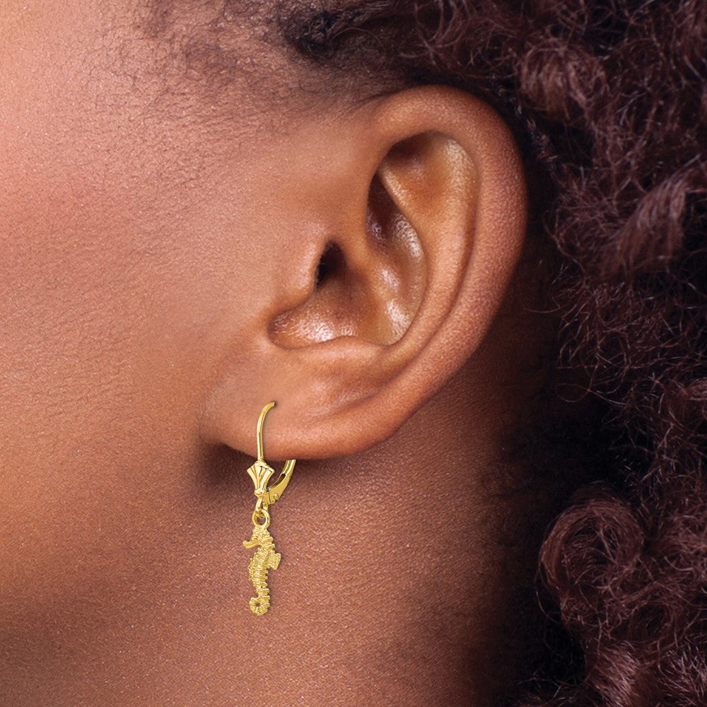 14k Yellow Gold Seahorse Leverback Earrings