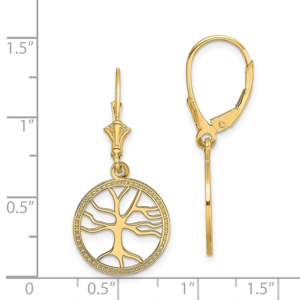 14K Yellow Gold Tree Of Life In Round Frame Leverback Earrings