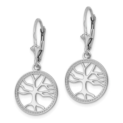 14K White Gold Tree Of Life In Round Frame Leverback Earrings