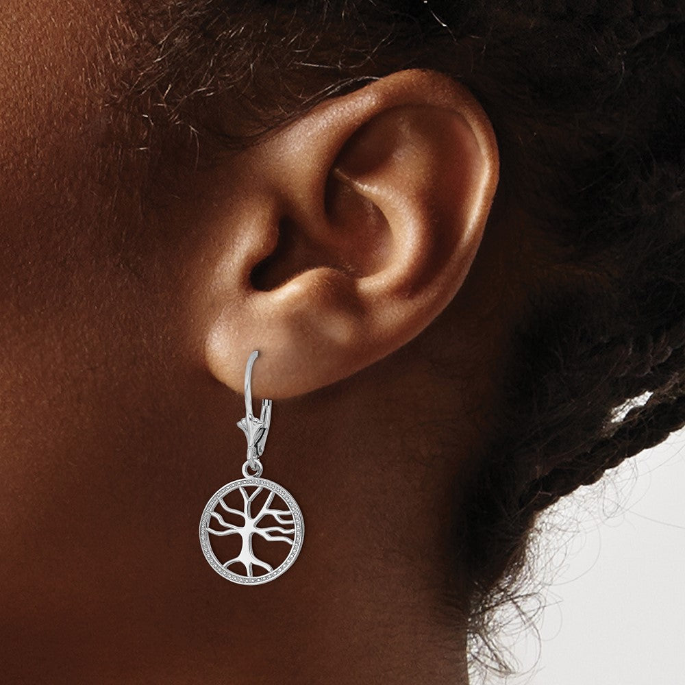 14K White Gold Tree Of Life In Round Frame Leverback Earrings