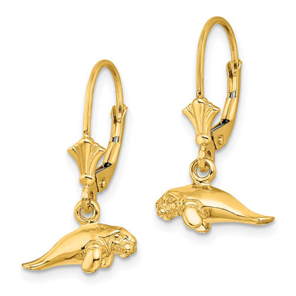 14K Yellow Gold 3-D Polished Mini Manatee Leverback Earrings