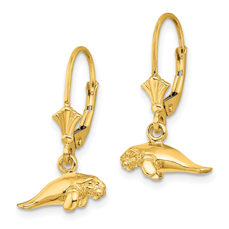 14K Yellow Gold 3-D Polished Mini Manatee Leverback Earrings