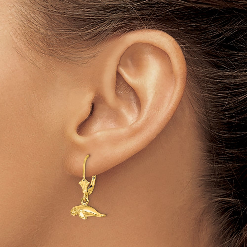 14K Yellow Gold 3-D Polished Mini Manatee Leverback Earrings