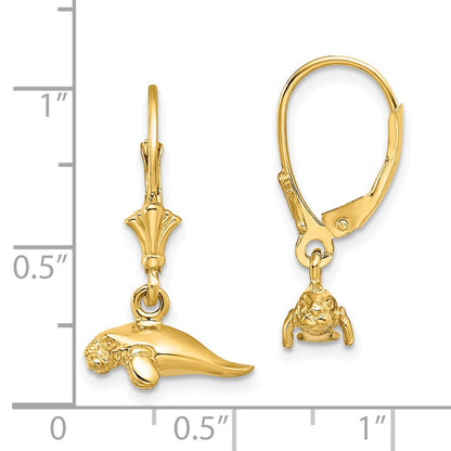 14K Yellow Gold 3-D Polished Mini Manatee Leverback Earrings