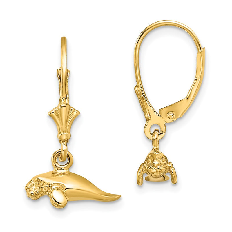 14K Yellow Gold 3-D Polished Mini Manatee Leverback Earrings