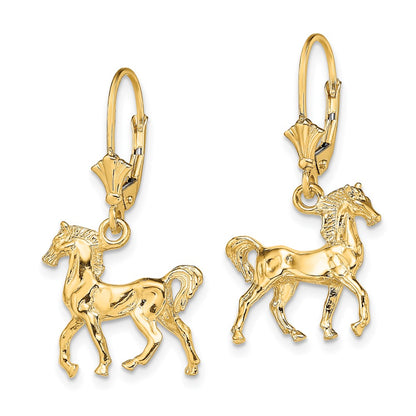 14K Yellow Gold 3-D Polished Leverback Horse Earrings