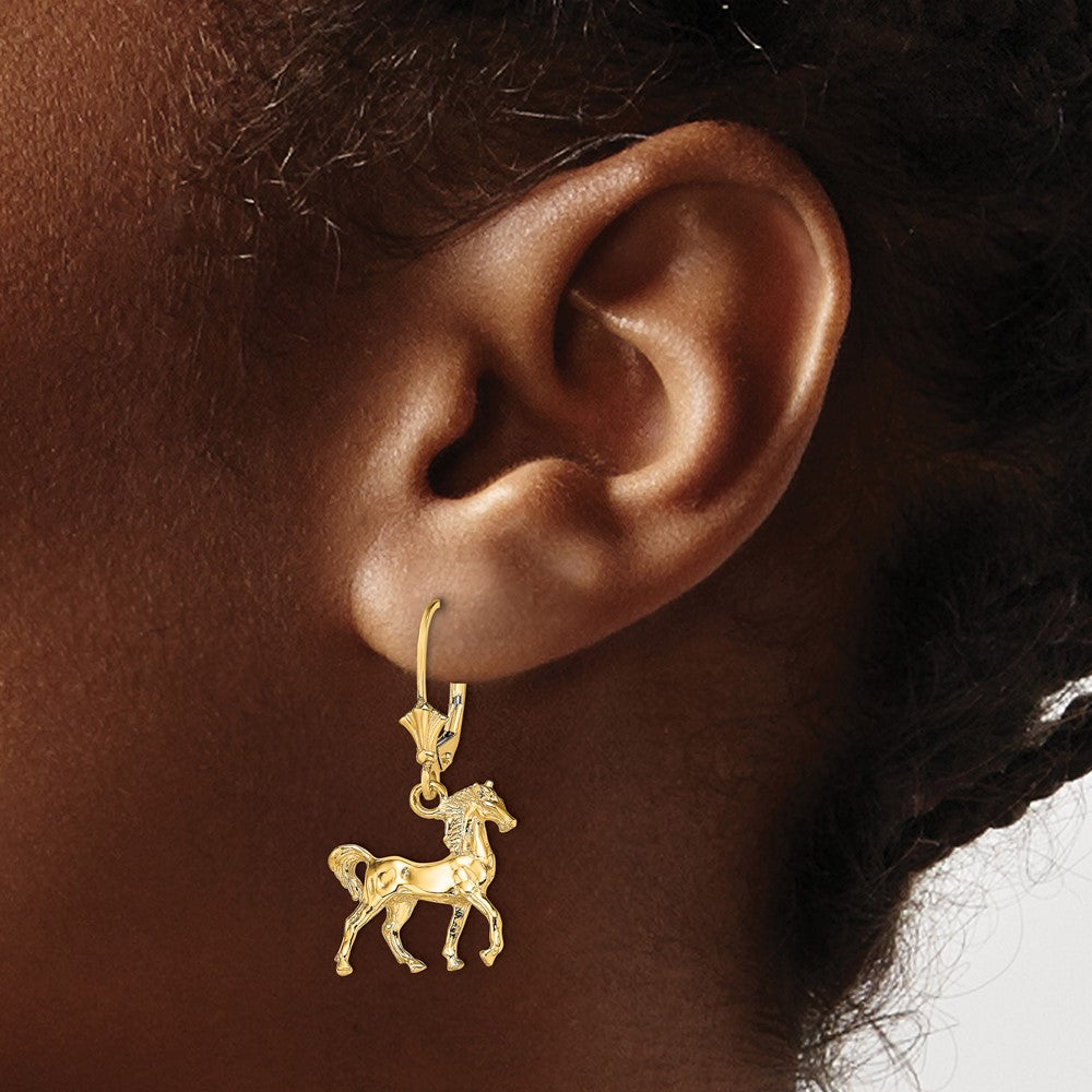 14K Yellow Gold 3-D Polished Leverback Horse Earrings