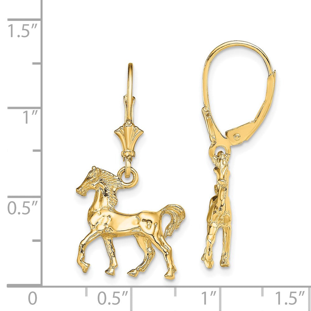 14K Yellow Gold 3-D Polished Leverback Horse Earrings