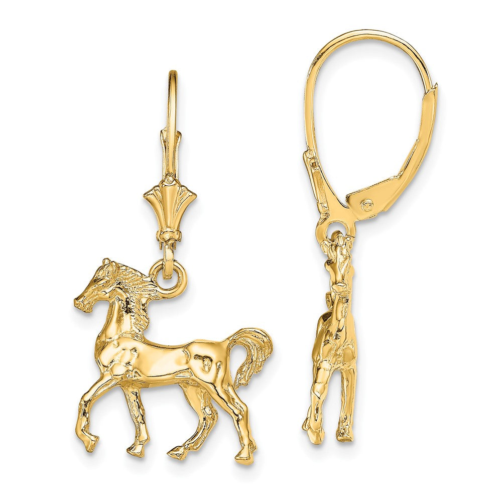 14K Yellow Gold 3-D Polished Leverback Horse Earrings