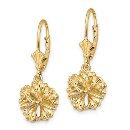 14K Yellow Gold 2-D Textured Hibiscus Flower Leverback Earrings