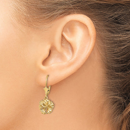 14K Yellow Gold 2-D Textured Hibiscus Flower Leverback Earrings
