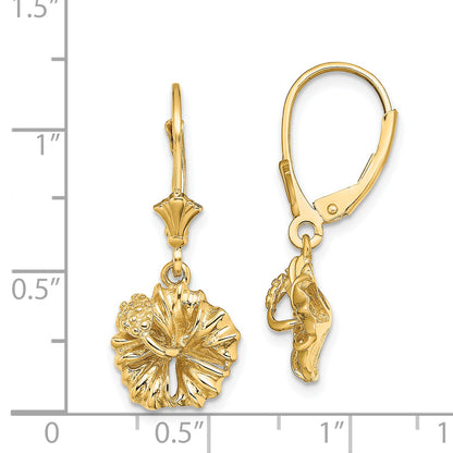 14K Yellow Gold 2-D Textured Hibiscus Flower Leverback Earrings