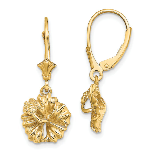 14K Yellow Gold 2-D Textured Hibiscus Flower Leverback Earrings