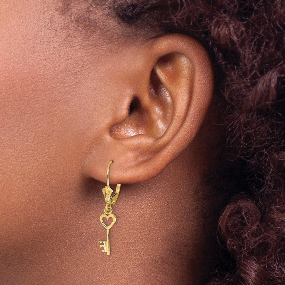 14K Yellow Gold Polished Heart Key Leverback Earrings