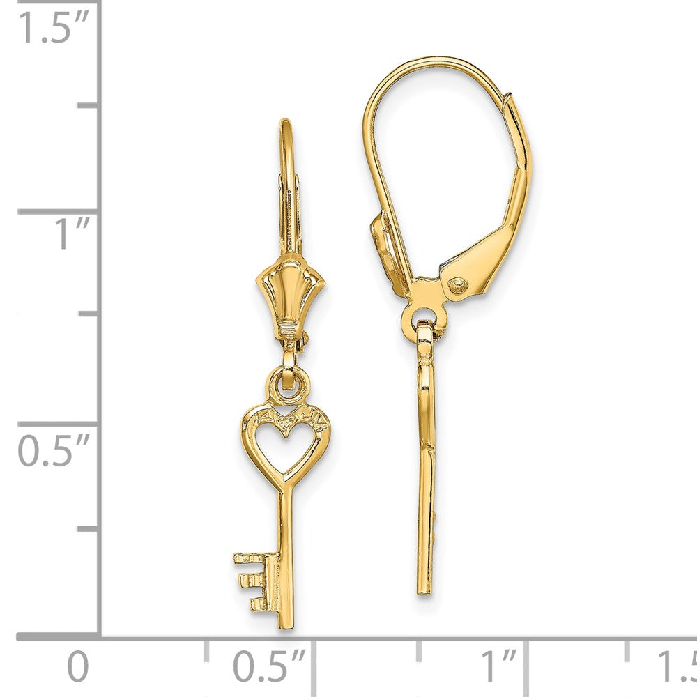 14K Yellow Gold Polished Heart Key Leverback Earrings