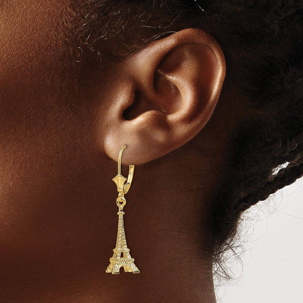 14K Yellow Gold 3-D Eiffel Tower Leverback Earrings