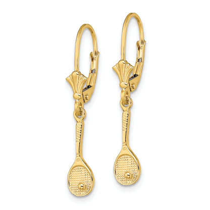 14K Yellow Gold Polished Tennis Racquet W/ Ball Leverback Earrings
