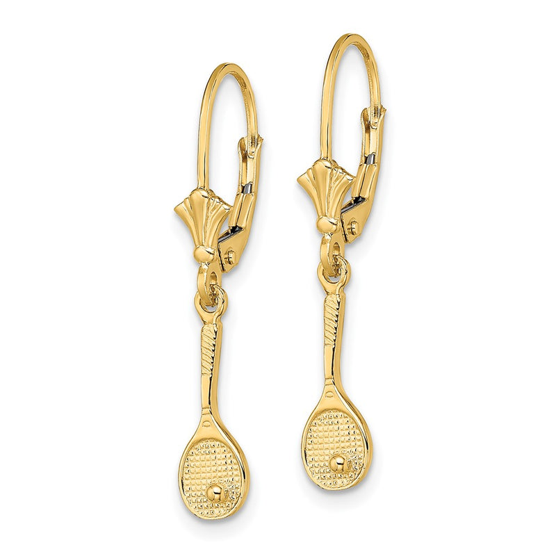 14K Yellow Gold Polished Tennis Racquet W/ Ball Leverback Earrings