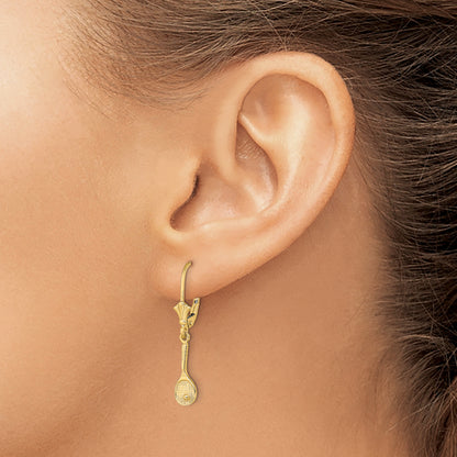 14K Yellow Gold Polished Tennis Racquet W/ Ball Leverback Earrings