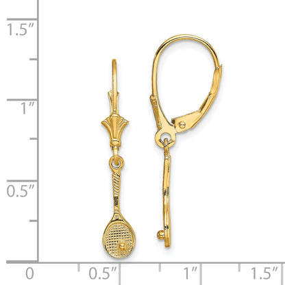 14K Yellow Gold Polished Tennis Racquet W/ Ball Leverback Earrings