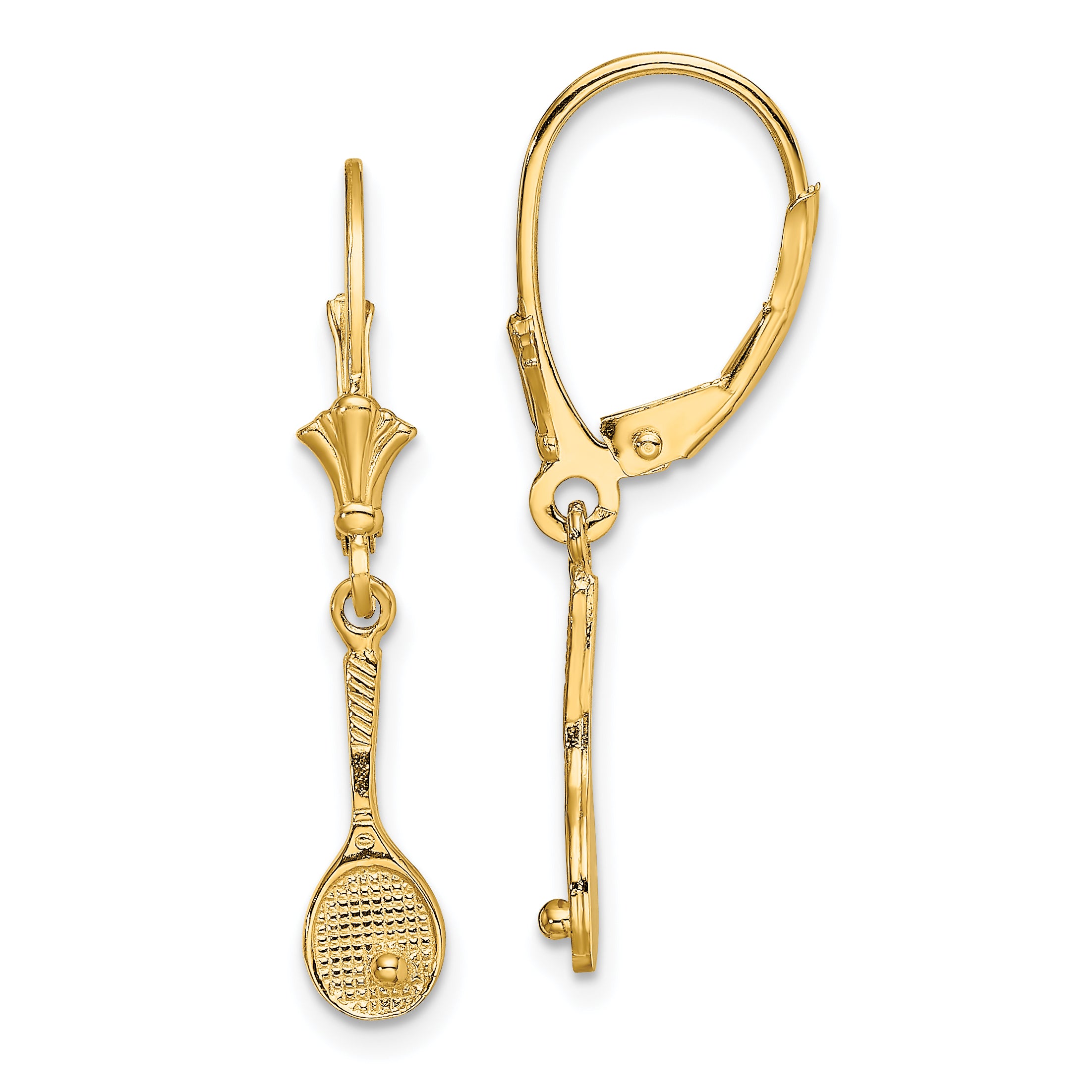 14K Yellow Gold Polished Tennis Racquet W/ Ball Leverback Earrings