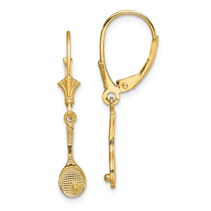 14K Yellow Gold Polished Tennis Racquet W/ Ball Leverback Earrings