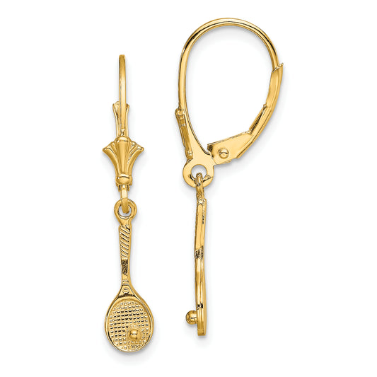 14K Yellow Gold Polished Tennis Racquet W/ Ball Leverback Earrings