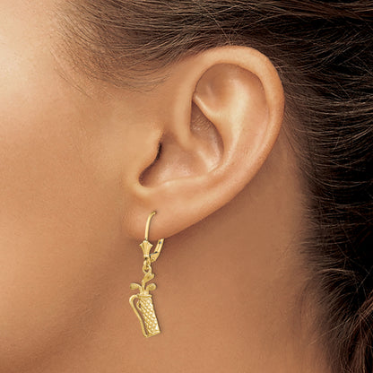 14K Yellow Gold Textured Golf Bag Leverback Earrings