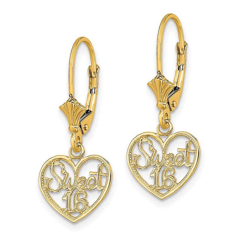 14K Yellow Gold Polished Sweet 16 In Heart Dangle Leverback Earrings