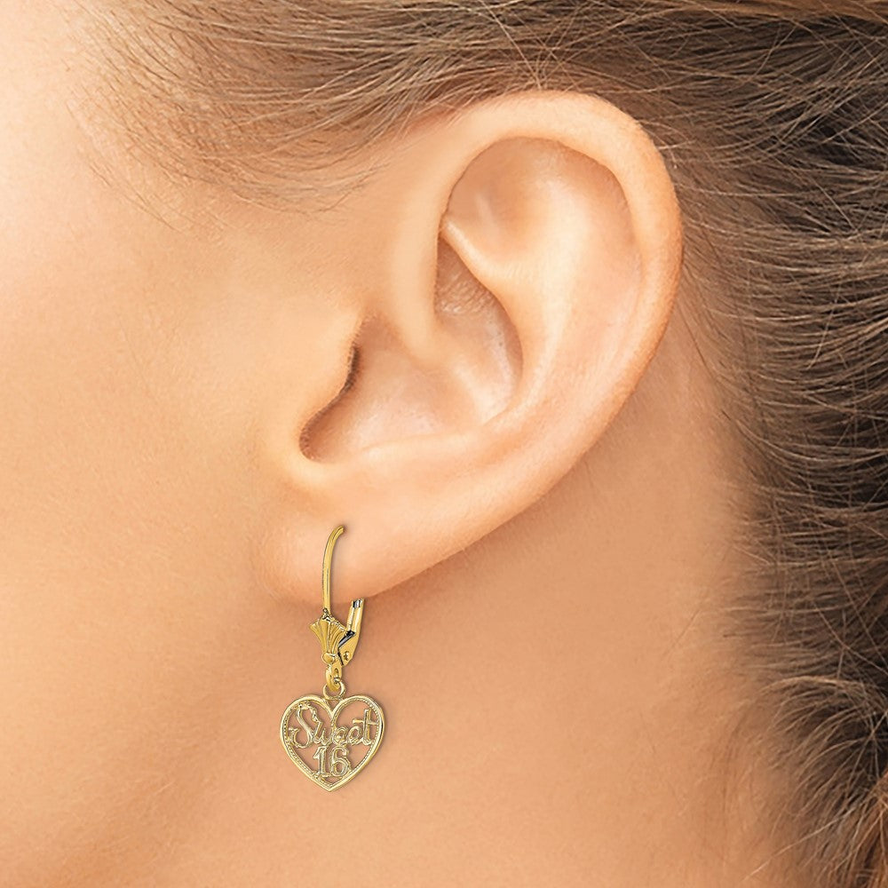 14K Yellow Gold Polished Sweet 16 In Heart Dangle Leverback Earrings