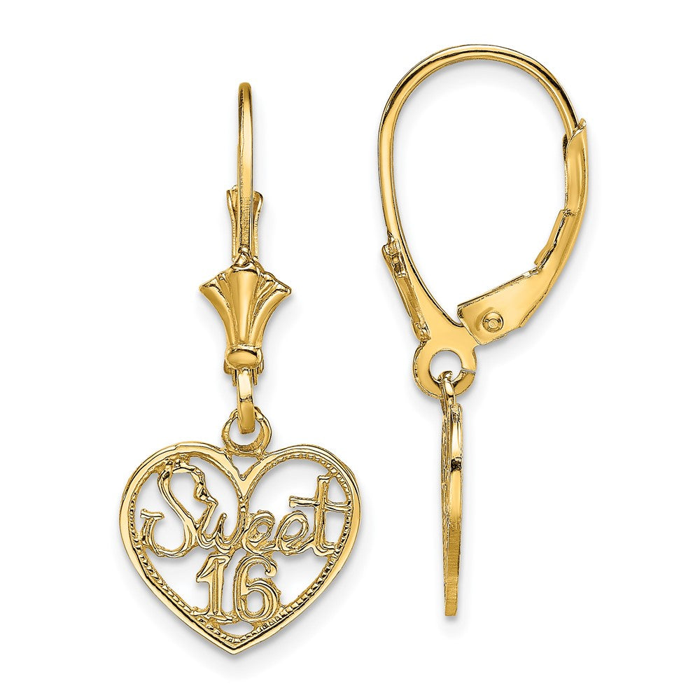 14K Yellow Gold Polished Sweet 16 In Heart Dangle Leverback Earrings