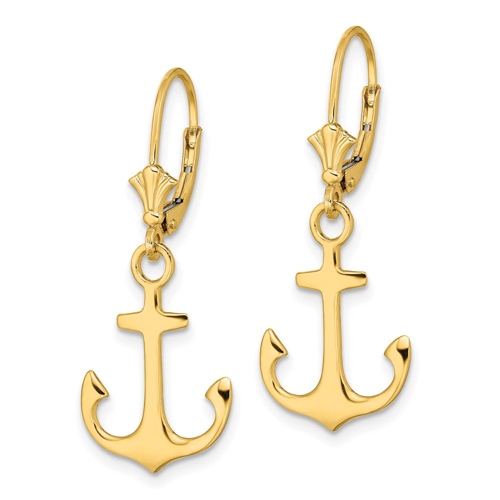 14K Yellow Gold 2-D Polished Anchor Leverback Earrings
