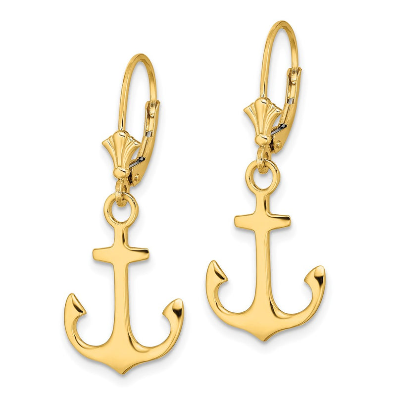 14K Yellow Gold 2-D Polished Anchor Leverback Earrings