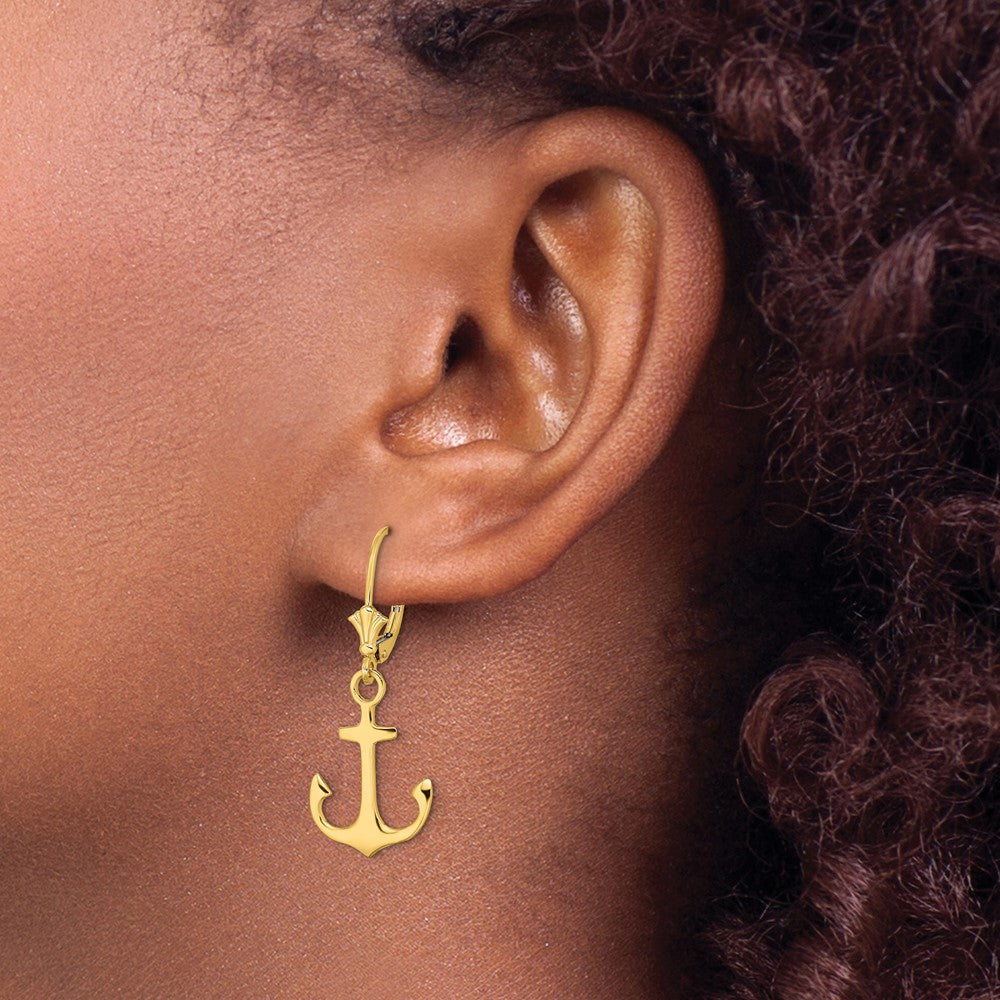 14K Yellow Gold 2-D Polished Anchor Leverback Earrings