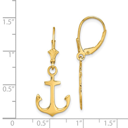 14K Yellow Gold 2-D Polished Anchor Leverback Earrings
