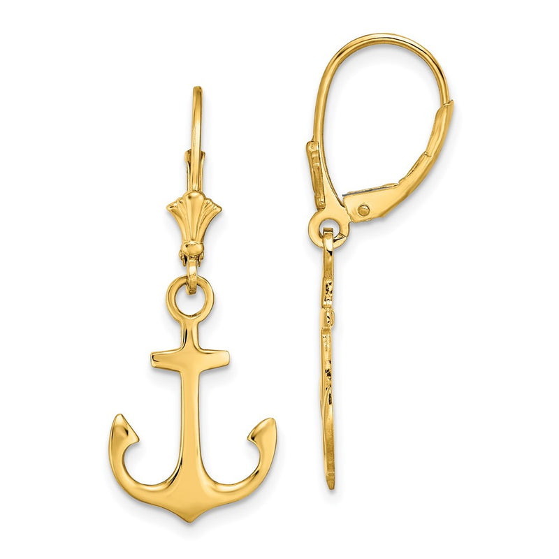 14K Yellow Gold 2-D Polished Anchor Leverback Earrings