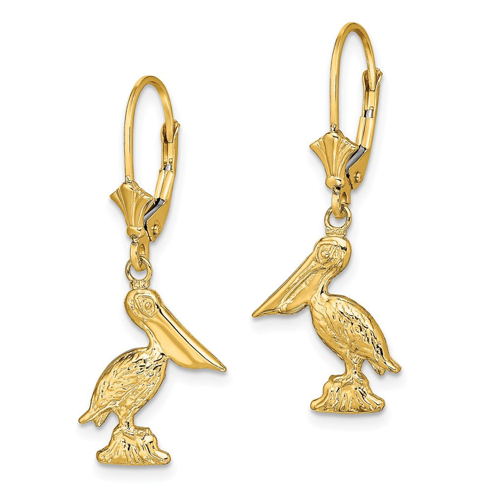 14K Yellow Gold 3-D Pelican Standing Leverback Earrings