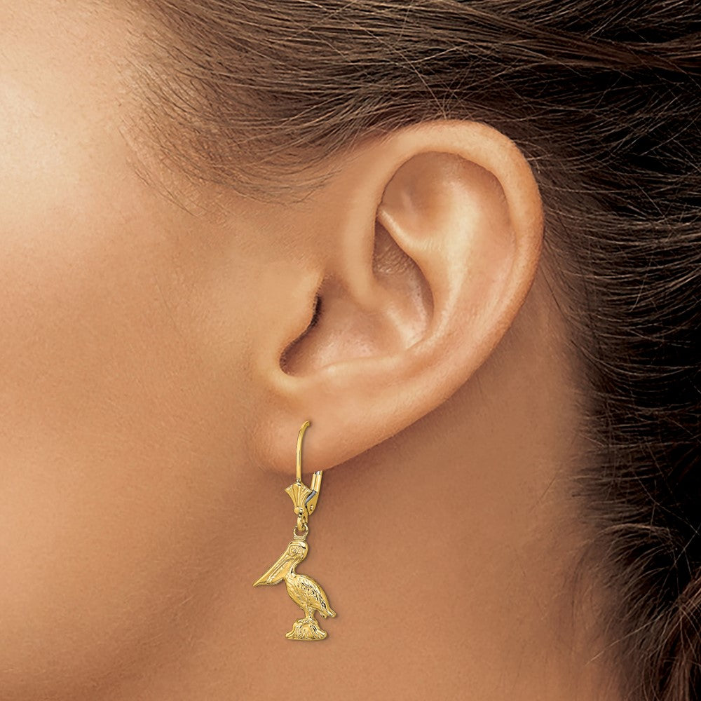 14K Yellow Gold 3-D Pelican Standing Leverback Earrings
