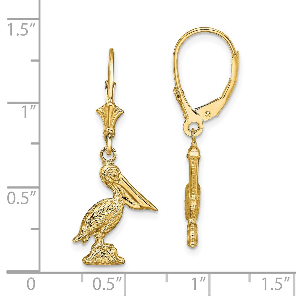 14K Yellow Gold 3-D Pelican Standing Leverback Earrings