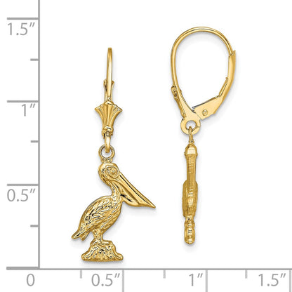 14K Yellow Gold 3-D Pelican Standing Leverback Earrings